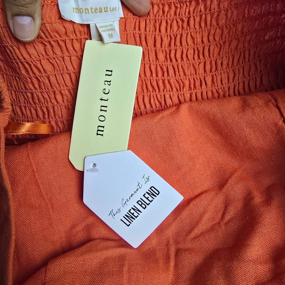 Monteau Los Angeles NWT Orange Strapless Linen Blend Wide Leg Belted Jumpsuit M - Picture 4 of 12